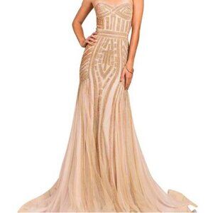 Andrea & Leo Gold Beaded Crystal Embellished Evening Strapless Gown Size 6